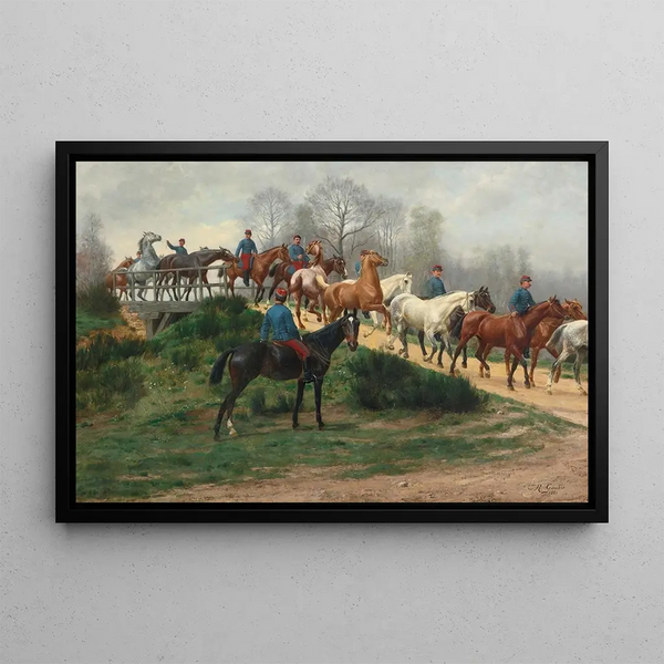 Soldiers leading horses on a bridge - Jean Richard Goubie — framed artwork on a wall