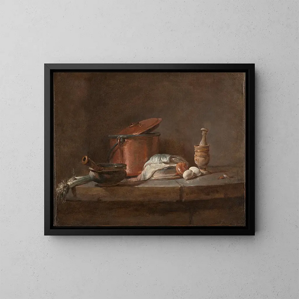 Kitchen utensils with leeks, fish, and eggs - Jean Siméon Chardin — framed artwork on a wall