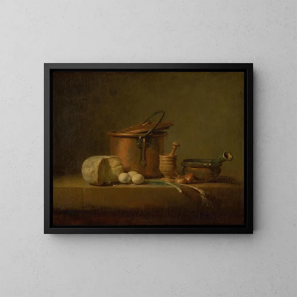 Nature morte avec pot en cuivre, fromage et œufs - Jean Siméon Chardin — framed artwork on a wall