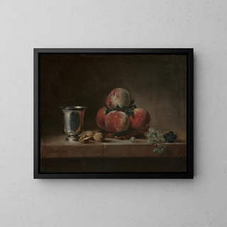 Still life with peaches, a silver goblet, grapes, and nuts - Jean Siméon Chardin — framed artwork on a wall