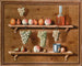 Trompe-l'œil painting of pears, apples, and walnuts resting on cornices and hanging bunches of grapes, all within a painted frame - Jean Valette-Falgores — artwork view