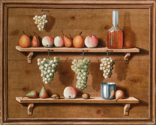 Trompe-l'œil painting of pears, apples, and walnuts resting on cornices and hanging bunches of grapes, all within a painted frame - Jean Valette-Falgores — artwork view