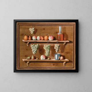 Trompe-l'œil painting of pears, apples, and walnuts resting on cornices and hanging bunches of grapes, all within a painted frame - Jean Valette-Falgores — framed artwork on a wall