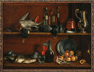Cabinet trompe-l'œil in the pantry with wild birds, fish, and fruits - Jean Valette-Falgores — artwork view