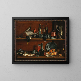 Cabinet trompe-l'œil in the pantry with wild birds, fish, and fruits - Jean Valette-Falgores — framed artwork on a wall
