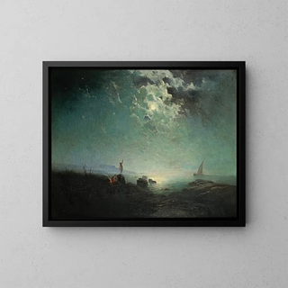 Coastal scene by moonlight - Jean d'Alheim — framed artwork on a wall