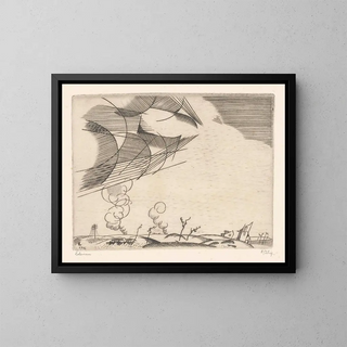 Landscape with swirling smoke - Jean-Émile Laboureur — framed artwork on a wall