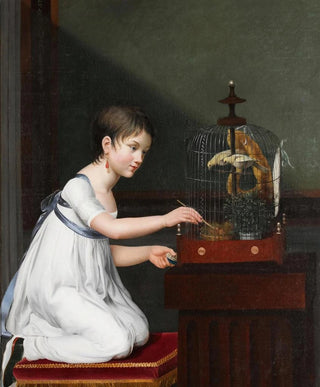 Jeanne Elisabeth Chaudet - A Young Girl In A White Dress With A Green Sash Kneeling By A Bird Cage While Tending To Her Birds.webp