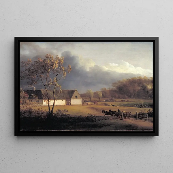 Storm brewing behind a farm in Zeeland - Jens Juel — framed artwork on a wall