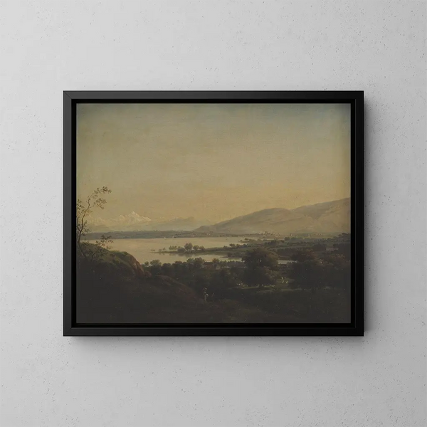 View of Lake Geneva towards Mont Blanc and Geneva - Jens Juel — framed artwork on a wall