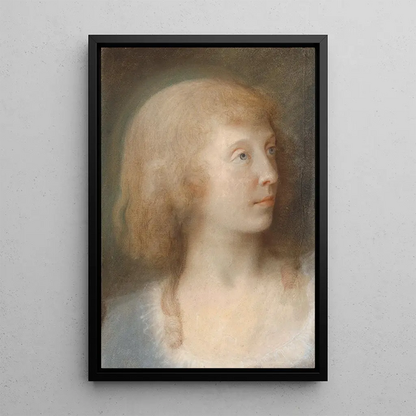 Portrait of Anna Barbara Damkier three-quarters profile to the left - Jens Juel — framed artwork on a wall