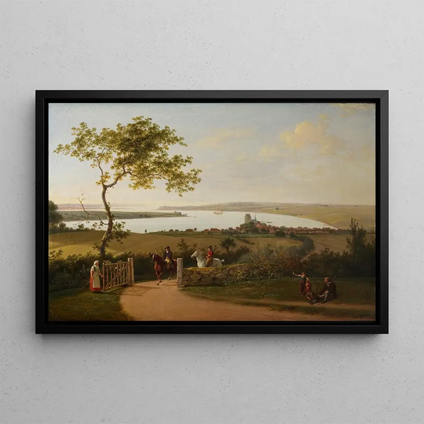 View of the Petit Belt from a hill near Middelfart, Funen - Jens Juel — framed artwork on a wall