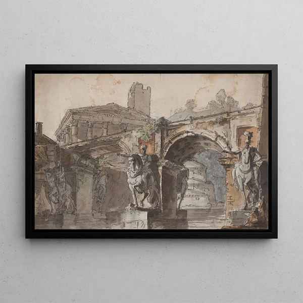 View of the Roman bridge with temple ruins and equestrian statue - Jens Petersen Lund — framed artwork on a wall