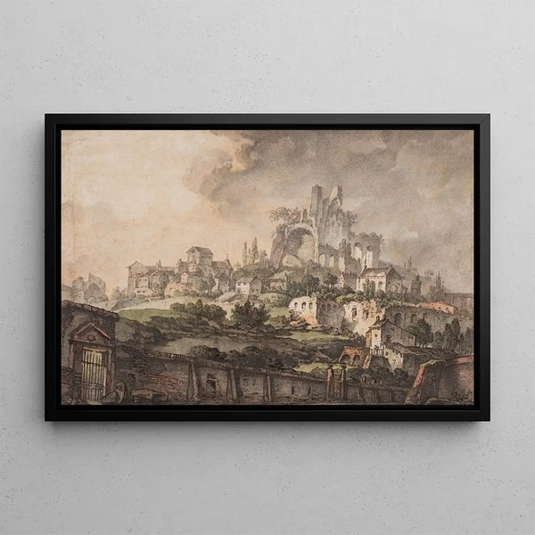 View of the Romanesque with wall in the foreground, church and ruin in the background - Jens Petersen Lund — framed artwork on a wall