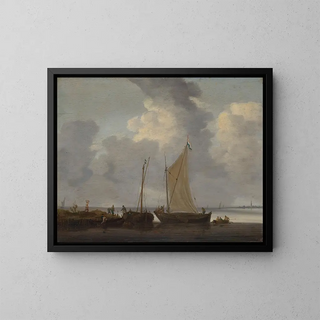 a Calm with Fishermen Unloading Their Catch - Jeronymus van Diest — framed artwork on a wall