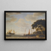 Coastal landscape painting of a Dutch barge moored at a quay, a warship raising anchor in the distance - Jeronymus van Diest — framed artwork on a wall