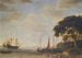 Coastal landscape painting of a Dutch barge moored at a quay, a warship raising anchor in the distance - Jeronymus van Diest — artwork view
