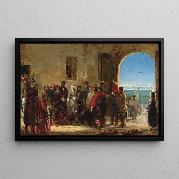 La mission de la miséricorde Florence Nightingale recevant les blessés à Scutari - Jerry Barrett — framed artwork on a wall