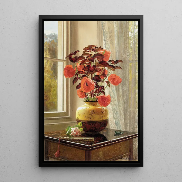 Poppy oriental and coleus in a cloisonné vase - Jessica Hayllar — framed artwork on a wall