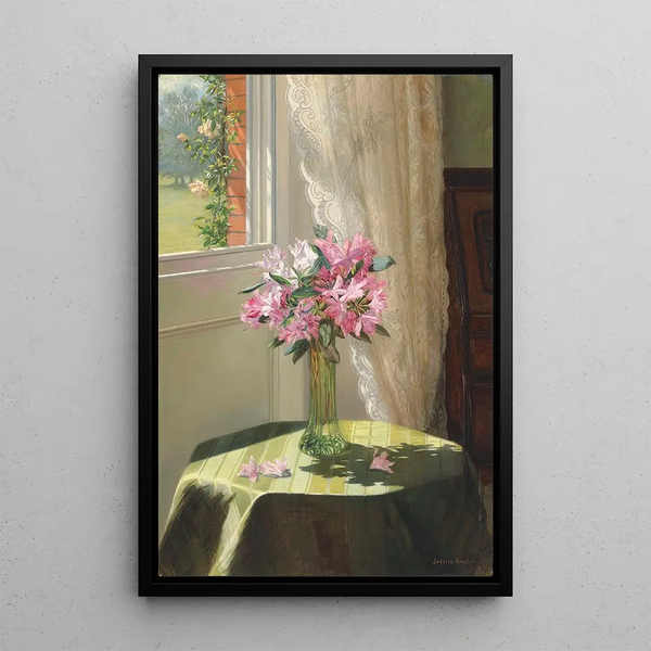 Rhododendrons near a window - Jessica Hayllar — framed artwork on a wall