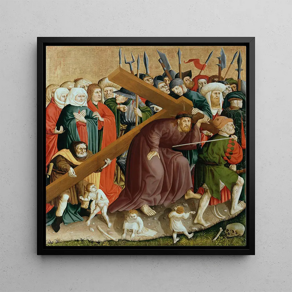 Jesus Christ carrying the cross, the altar wings of Wurzach at the bottom left - Hans Multscher — framed artwork on a wall