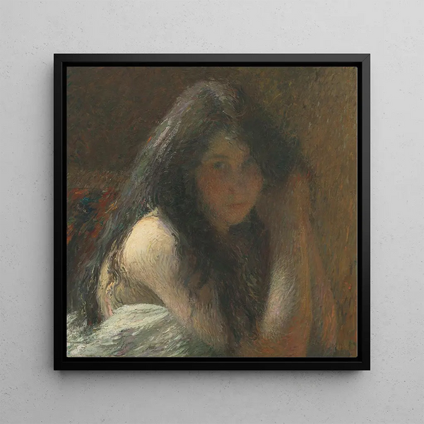 Young woman combing her hair, oil on canvas - Henri Martin — framed artwork on a wall
