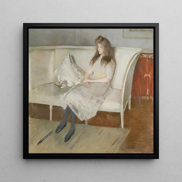 Young girl sitting on a sofa called Symphony in White Miss Paulmier - Paul César Helleu — framed artwork on a wall