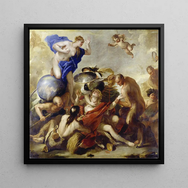 Youth tempted by vices - Luca Giordano — framed artwork on a wall