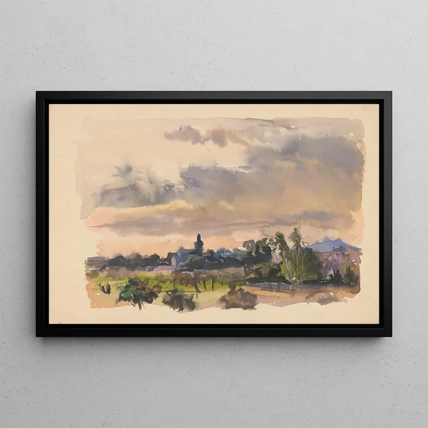 Village landscape painting - Jan Novák — framed artwork on a wall