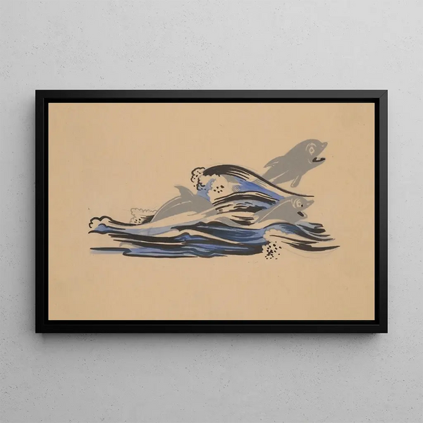 Dolphins in the Waves - Jan Novák — framed artwork on a wall