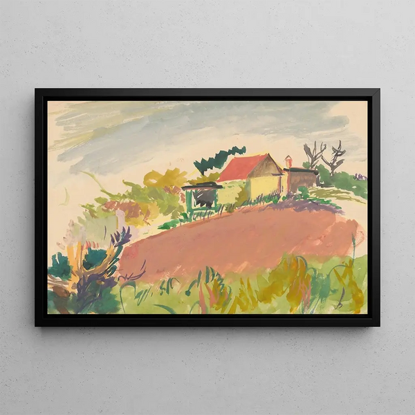 Landscape Painting with a Farm - Jan Novák — framed artwork on a wall