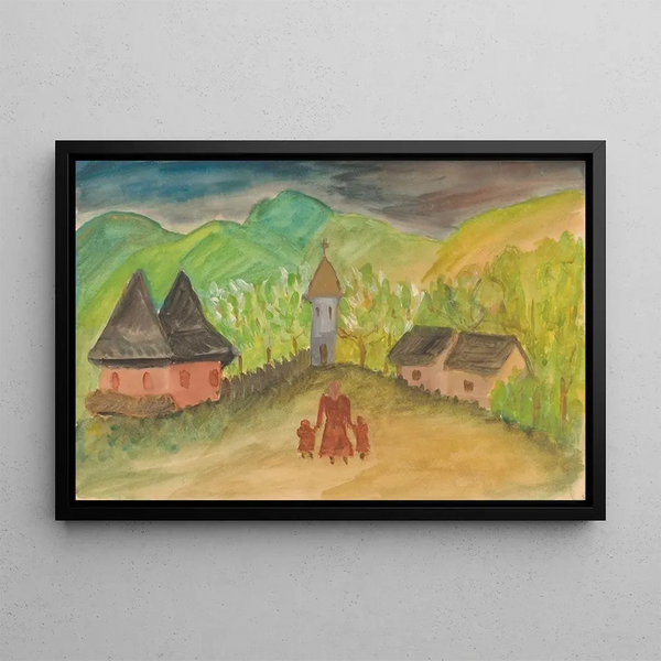 Mother with children in a rural landscape - Jan Novák — framed artwork on a wall