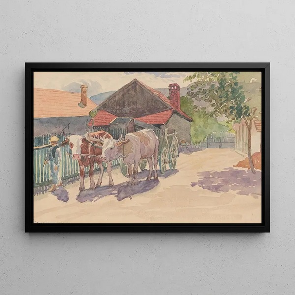 Village with cows - John Thain — framed artwork on a wall