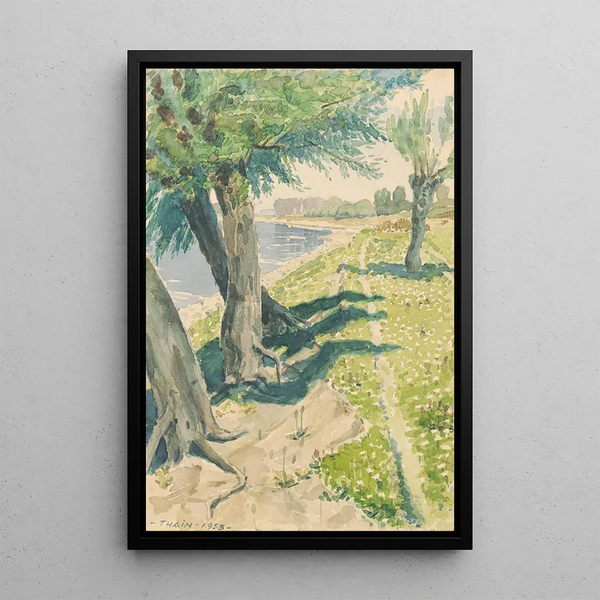 Midi riverbank painting - John Thain — framed artwork on a wall