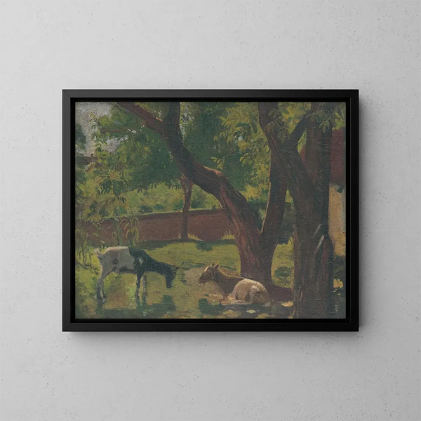 Garden with goats - John Thain — framed artwork on a wall