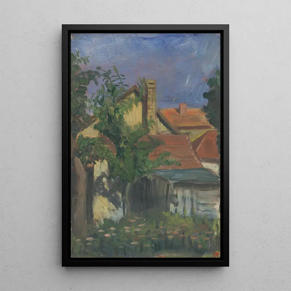 Red Roofs - John Thain — framed artwork on a wall