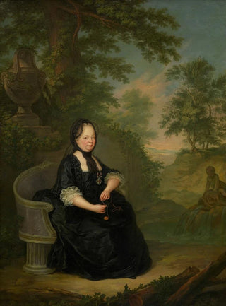 Jnos Dont - Maria Theresia in Witwentracht auf einer Steinbank sitzend.webp
