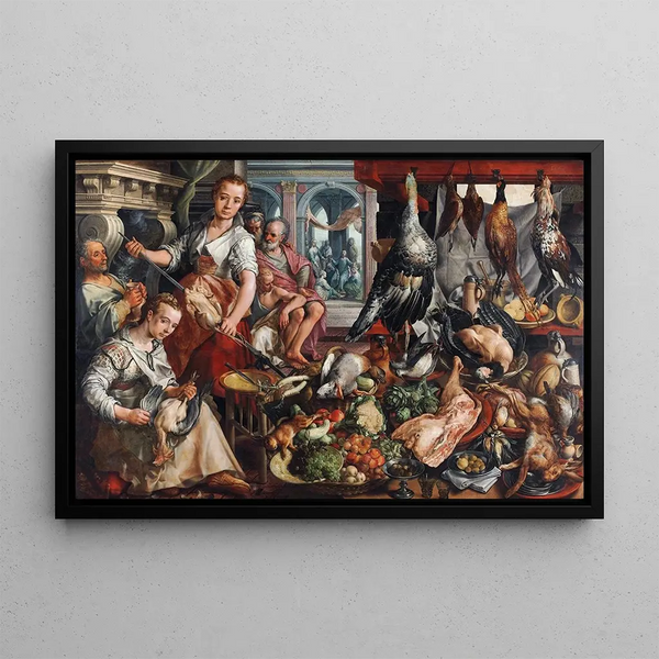 La Cuisine bien garnie avec Jésus dans la maison de Marthe et Marie en arrière-plan - Joachim Beuckelaer — framed artwork on a wall