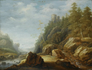 A mountain landscape of the Rocky Mountains with a fort on a hill, shepherds with their flock beyond - Joachim Govertsz Camphuysen — artwork view