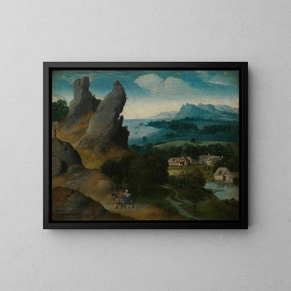 Landscape with the Flight into Egypt - Joachim Patinier — framed artwork on a wall