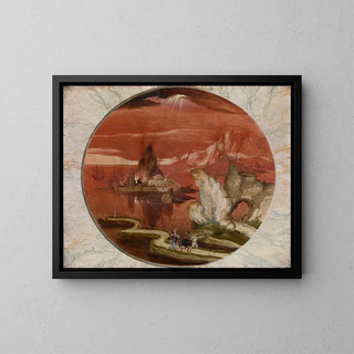 Lot and his family fleeing Sodom and Gomorrah - Joachim Patinier — framed artwork on a wall