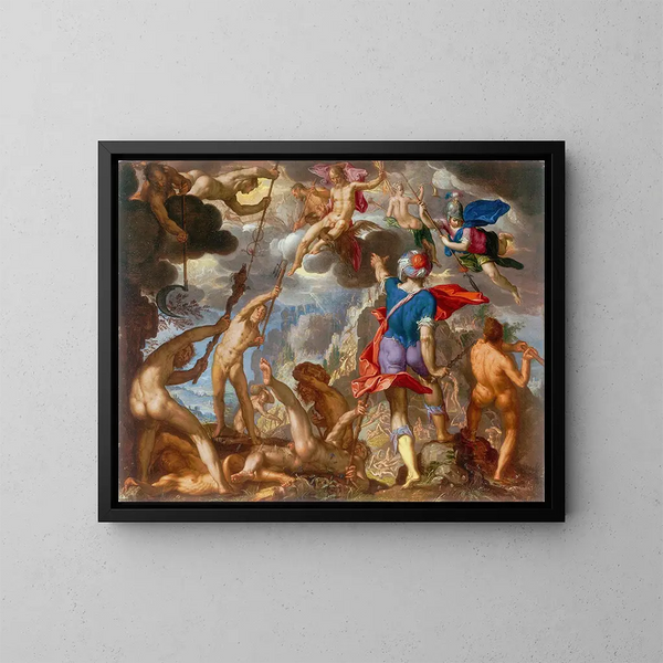 The battle between the gods and the giants - Joachim Wtewael — framed artwork on a wall