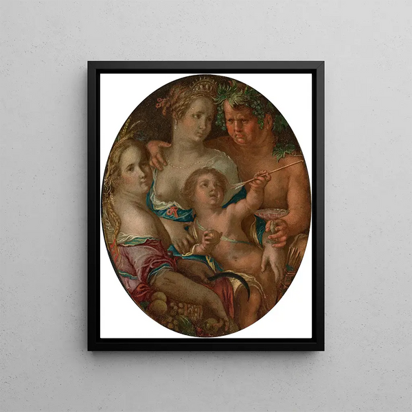 Venus Cupid Bacchus and Ceres - Joachim Wtewael — framed artwork on a wall