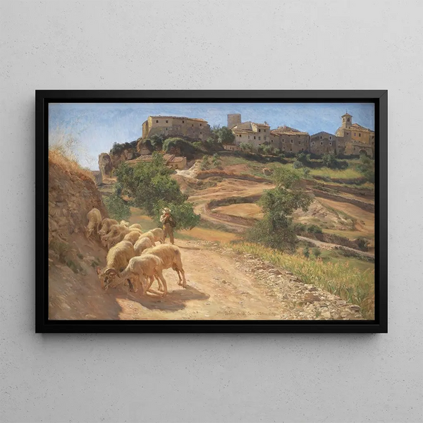 a young shepherd with his sheep near Civit d'Antino - Joakim Skovgaard — framed artwork on a wall