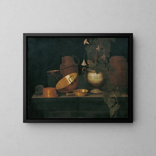 Still life with copper dishes - Joannes de Cordua — framed artwork on a wall