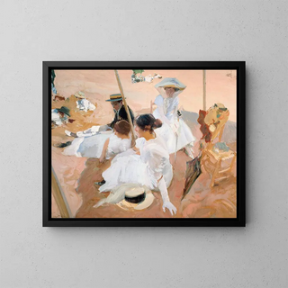Under the canopy on Zarauz beach - Joaquín Sorolla — framed artwork on a wall