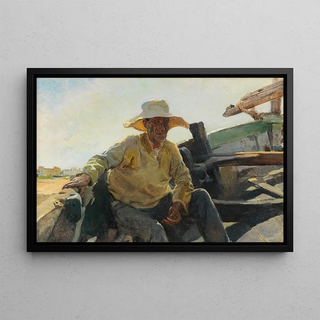 Old fisherman in a boat - Joaquín Sorolla — framed artwork on a wall