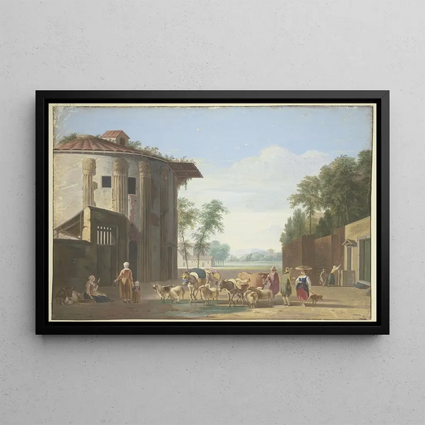 Temple of Minerva with a herd of cattle and shepherds - Job Adriaensz Berckheyde — framed artwork on a wall