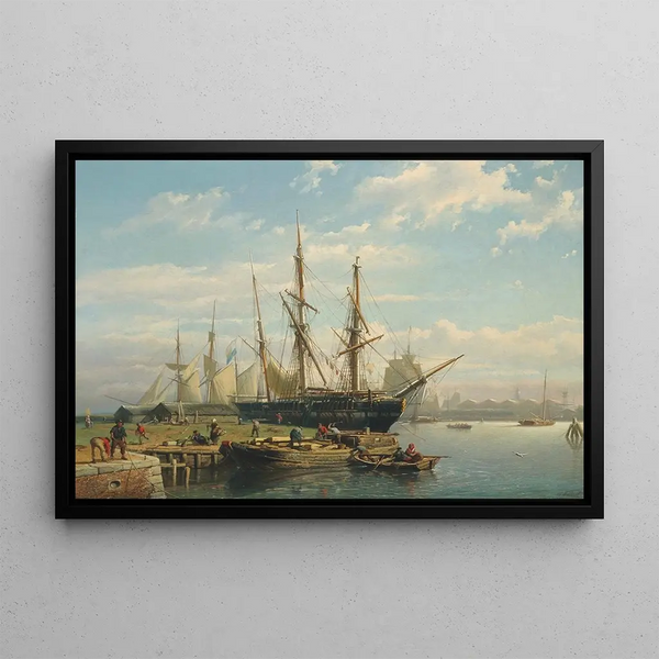 Dutch sailing ships at anchor in a river estuary - Johan Adolph Rust — framed artwork on a wall