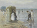 View along the tide line on the Scheveningen beach with two ladies and children - Johan Antonie de Jonge — artwork view